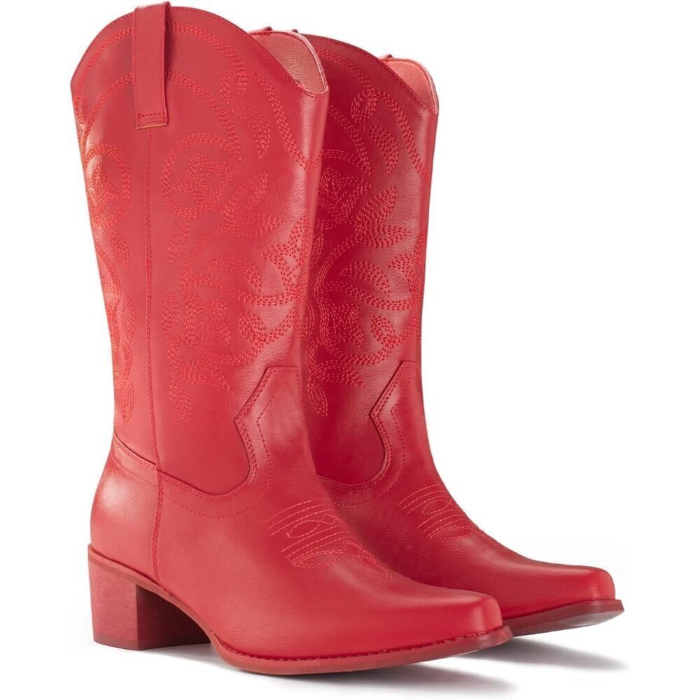 🆕Women's Red Pointy Toe Classic Faux Leather Western Cowgirl Mid Calf Boots - Picture 7 of 7